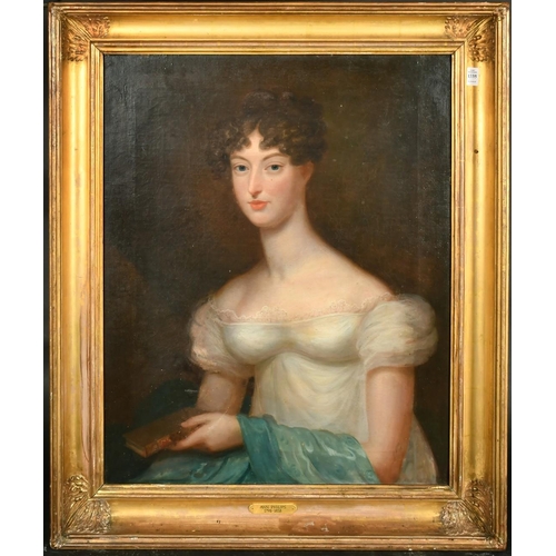 373 - Early 19th Century, a portrait of a lady with a blue sash, oil on canvas, 30