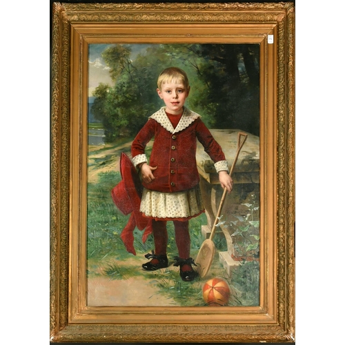 381 - Edmond Louis Dupain (1847-1933) French, a child in a red outfit in a lakeside setting, oil on canvas... 