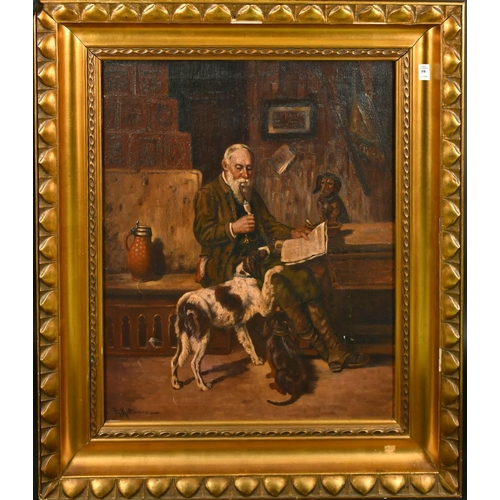 386 - Friedrich Kottmann (19th/20th Century) German, a gentleman reading a paper surrounded by his canine ... 