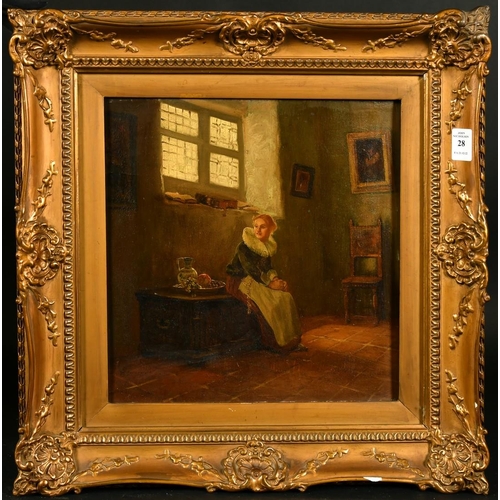 393 - Dutch School, Circa 1900, An interior scene with a young lady seated on a wooden coffer next to a bo... 