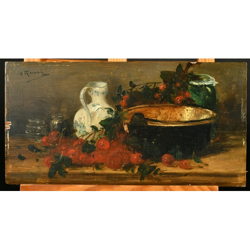 397 - Alfred Rouby (1849-1909) French, a pair of oil on mahogany panel still life paintings of fruit and k... 