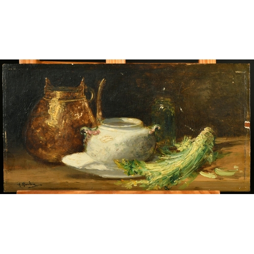 397 - Alfred Rouby (1849-1909) French, a pair of oil on mahogany panel still life paintings of fruit and k... 