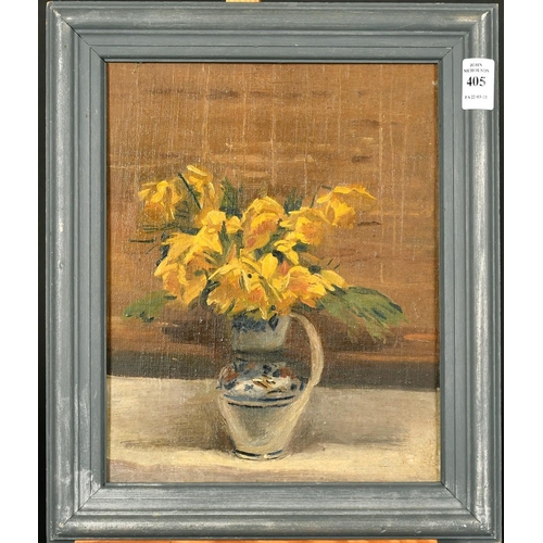 405 - Howard Morgan (1949-2020) British, a still life of daffodils in a pottery jug, oil on canvas laid do... 