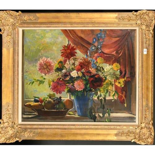 412 - Frances Vandeveer Kughler (1901-1970) American, a still life of flowers and fruit, oil on canvas, si... 