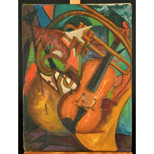 417 - Mid-20th Century American School. Musical instruments on a cubist/abstract background, oil on board,... 