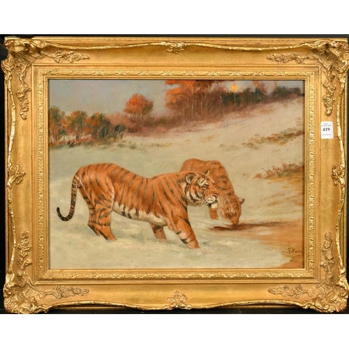 419 - George Paice (1854-1925) British, two tigers in snow, oil on canvas, signed, 14