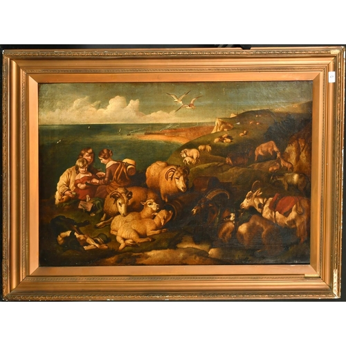 425 - Manner of Ansdell, 19th Century, figures and livestock along a cliff top, oil on canvas, 22