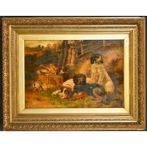 426 - T. Rhodes, late 19th Century, game dogs by the day's bag, oil on canvas, signed, 16