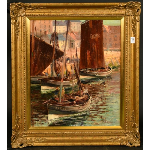 435 - H. L. Robinson (19th/20th Century) British, traditional fishing boats in Berwick on Tweed, oil on ca... 