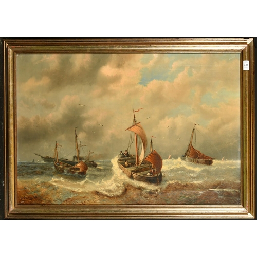 440 - A. Musin, Circa 1868, a pair of oil on canvas scenes of leeboard sailboats on rolling seas near land... 