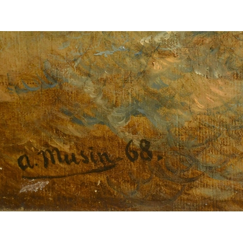 440 - A. Musin, Circa 1868, a pair of oil on canvas scenes of leeboard sailboats on rolling seas near land... 