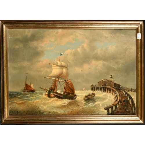 440 - A. Musin, Circa 1868, a pair of oil on canvas scenes of leeboard sailboats on rolling seas near land... 