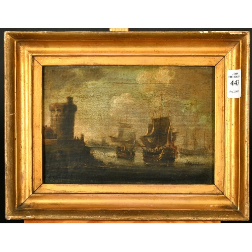 443 - 18th Century School, possibly Dutch, ships approaching a fortified harbour, oil on canvas, 5.75