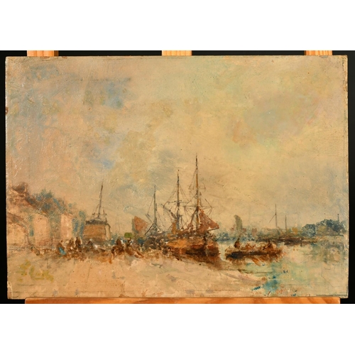 445 - French School (circa 1890) A busy port with moored tall boats and figures on the quay, oil on panel,... 