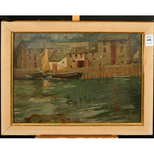 446 - Early 20th Century, A West Country harbour wall scene with moored boats and buildings, oil on board,... 