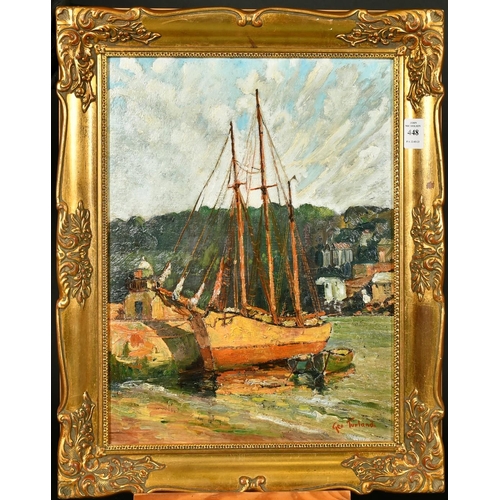 448 - George Turland (1877-1947) American, A tall ship tethered to a harbour wall, oil on board, signed, 1... 