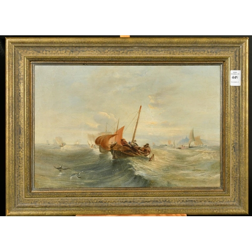 449 - English School (19th Century), A busy seascape off the coast with sailing boats in choppy seas and s... 