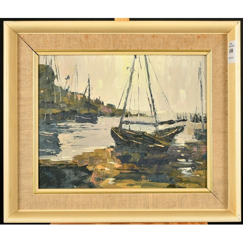 450 - Circle of Jack Cox, A river estuary with small boats, oil on canvas board, 8