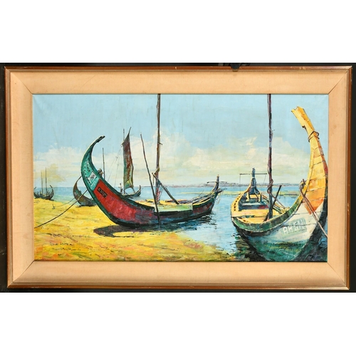 451 - 20th Century Portuguese School, 'Rio de Aveiro', Portugal, traditional boats moored in a lagoon, oil... 