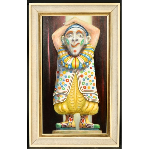 464 - George Wilcox (20/21st Century), a study of a clown ornament, oil on board, signed and dated 2001, 3... 