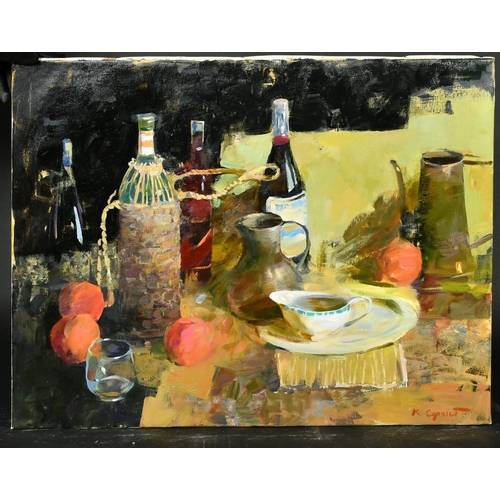 468 - Sergey Kovalenko (b. 1980) Ukraine, still life study of bottles and oranges, oil on canvas, signed, ... 