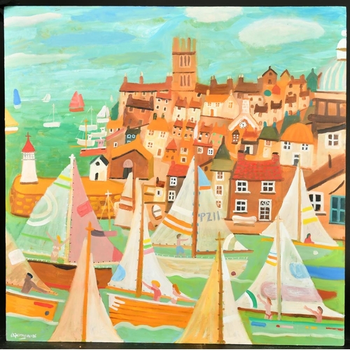 475 - Alan Furneaux (b.1953) British, 'PZ11', sailing boats leaving harbour, oil on board, signed, 30