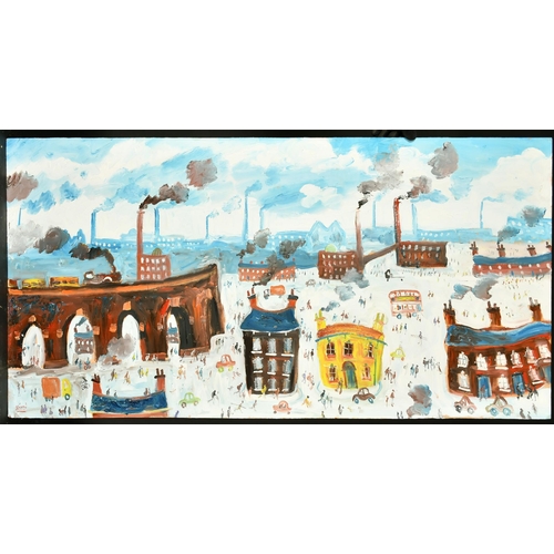 479 - Simeon Stafford (b. 1956) British, 'Stockport', a view of figures amongst factory buildings, oil on ... 