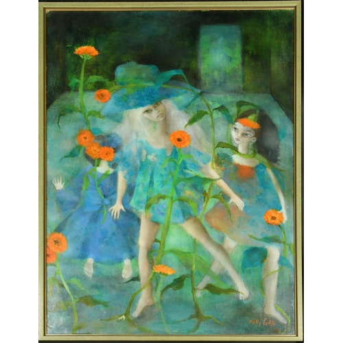 486 - Nelly Gall / Gael (20th Century), three female figures dancing in a fantastical garden, 39.5