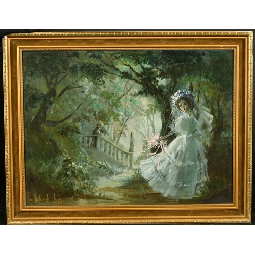 487 - Deborah Jones (1921-2012) British, A young bride on a moonlit woodland trail, oil on board, signed, ... 