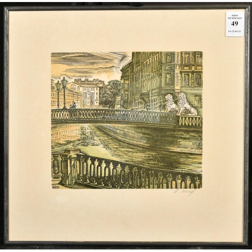 49 - Eastern European School, Figures on a canal bridge, colour wood engraving, signed in pencil, label v... 