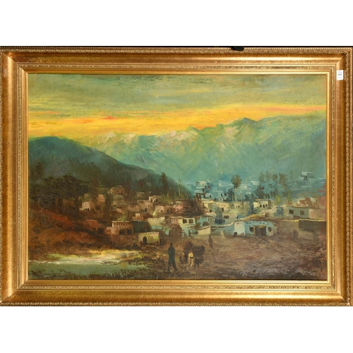 493 - Figures approaching dwellings at dusk in an African or possibly Kashmir landscape, oil on canvas, in... 