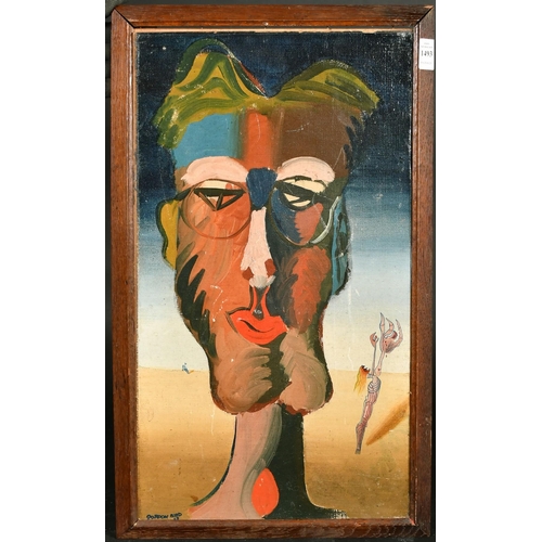 494 - Gordon Bird (20th Century), a surrealist head study of a male figure, oil on canvas laid down, signe... 