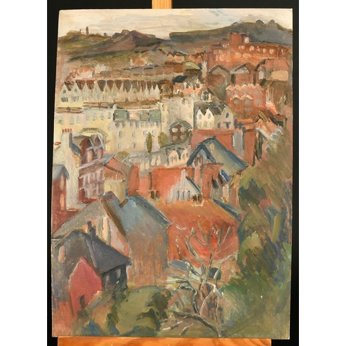 503 - Circle of David Bomberg, A view across roof tops and terraced houses towards a hillside, oil on pape... 