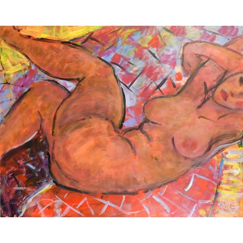 513 - Kanwaldeep Singh Kang, signed Nicks (1964-2007) British, A reclining female nude lying on a colourfu... 