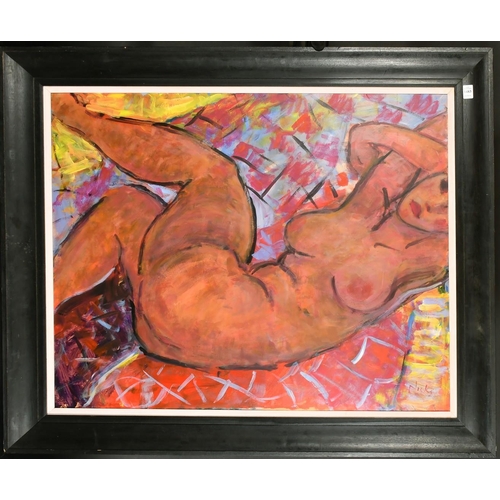 513 - Kanwaldeep Singh Kang, signed Nicks (1964-2007) British, A reclining female nude lying on a colourfu... 