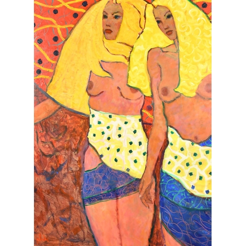 514 - Kanwaldeep Singh Kang, signed Nicks (1964-2007) British, two scantily clad females, oil on board, si... 