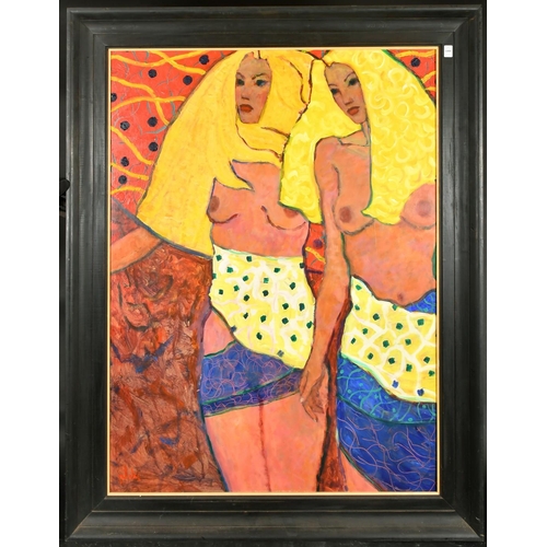 514 - Kanwaldeep Singh Kang, signed Nicks (1964-2007) British, two scantily clad females, oil on board, si... 