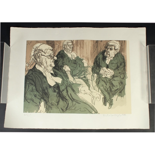 52 - Feliks Topolski, Three judges seated, colour lithograph, numbered 225/250 and signed, paper size 21