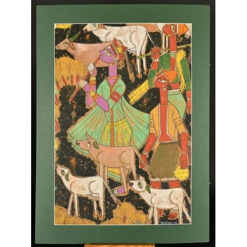 55 - A. A. Almelkar (1920-1982) Indian, female figures amongst livestock, gouache, signed, 25