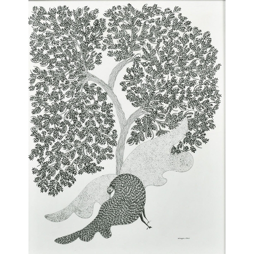 60 - Ram Singh Urveti (b. 1970) Indian Gond Artist, a bird beneath a tree, ink on paper, signed, 14