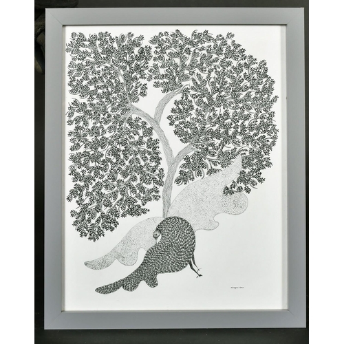 60 - Ram Singh Urveti (b. 1970) Indian Gond Artist, a bird beneath a tree, ink on paper, signed, 14