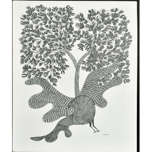 61 - Ram Singh Urveti (b. 1970) Indian Gond Artist, a bird beneath a tree, ink on paper, signed, 14