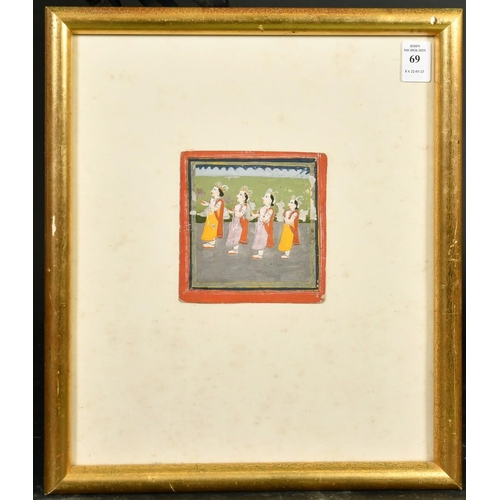 69 - 19th Century Indian, Four female figures carrying a flower in the palm of their hands, watercolour, ... 