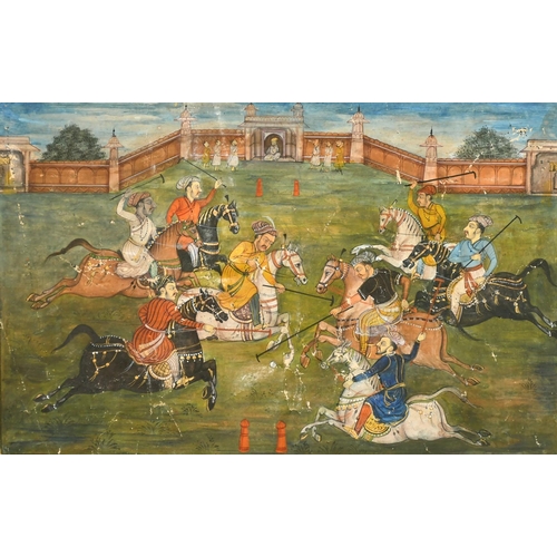 70 - 19th Century Indian School, a watercolour of men on horses playing polo, script verso, a page from a... 