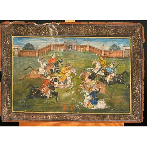 70 - 19th Century Indian School, a watercolour of men on horses playing polo, script verso, a page from a... 