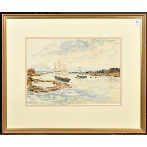 86 - Paul Lucien Maze (1887-1979) French/British, tall ships moored in a cove, watercolour, signed, 10