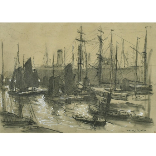 98 - Carlos Grethe (1864-1913) Uruguay, a view of moored boats, charcoal and chalk, signed and with studi... 