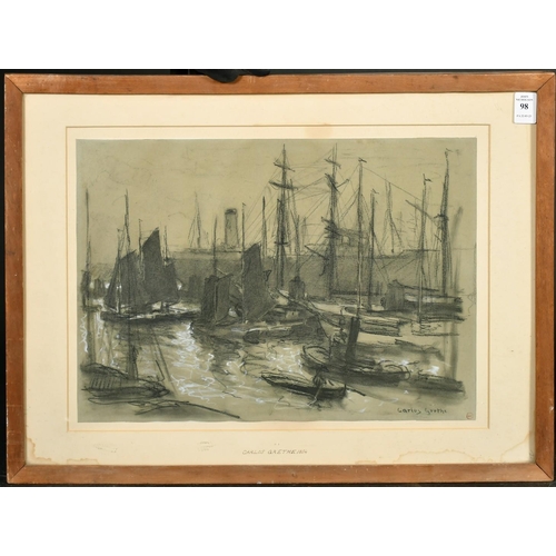 98 - Carlos Grethe (1864-1913) Uruguay, a view of moored boats, charcoal and chalk, signed and with studi... 