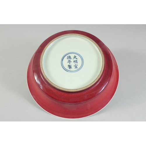 46 - A CHINESE IRON RED PORCELAIN BOWL, with incised white fish and aquatic flora to the centre, six-char... 