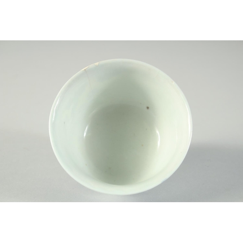 6 - A 19TH CENTURY CHINESE BLUE AND WHITE PORCELAIN TEA BOWL, painted with a bird and flora, the reverse... 